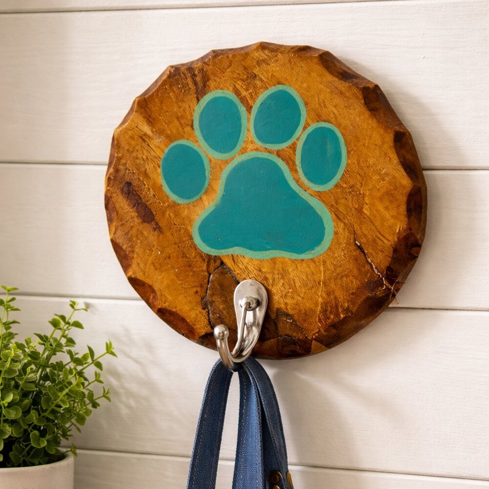 🐾 Wooden Wall Hook with Teal Paw Print 🐾